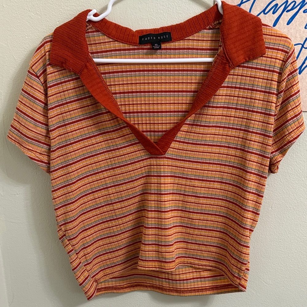 Red and Burnt Orange Striped V-Neck Short Sleeve Crop Top